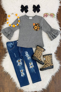 Gray Girls 2pc Top with Bell Sleeves and Sunflower Pocket Matching Denim Jeans
