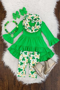 Green Girls 3pc St. Patrick's Day Outfit Tunic with Matching Leggings and Scarf