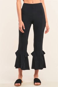 Tasha Apparel Wholesale - Black High Waisted Fitted Ruffle Trim Flare Capri Pants