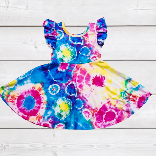 Blue Tie Dye Splotch Ruffle Sleeve Sundress