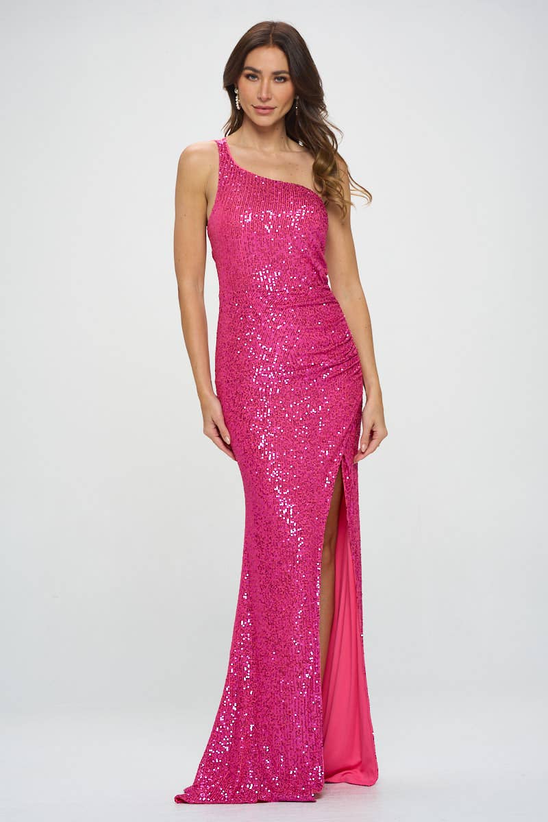 magenta one shoulder dress Magenta One Shoulder Sleeveless Sequin Maxi Prom Dress