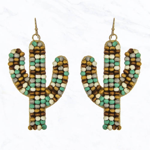 Tiny Wood Bead Cactus Fabric Earrings