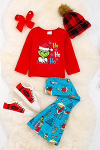 Red Grinch "Ho Ho Ho" Long Sleeve Graphic Tee with Matching Turquoise Printed Bell Bottoms