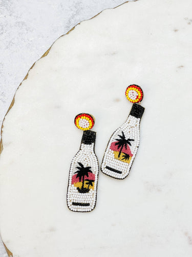 White Rum Bottle Beaded Dangle Earrings