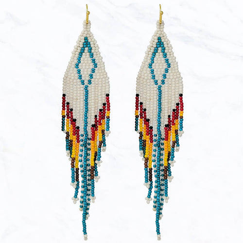 White Western Seed Bead Fringe Earrings