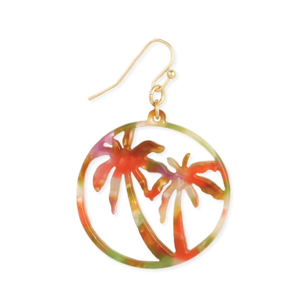 Tropical Silhouette Marbled Resin Palm Tree Cutout Earrings