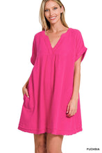 Fuchsia Rolled Short Sleeve Raw Edge V-Neck Dress