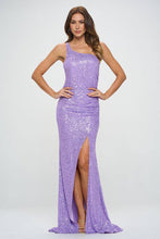 Lavender One Shoulder Sleeveless Sequin Maxi Prom Dress