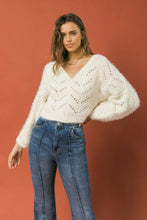 Cream Eyelash V Neck Sweater