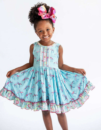 Blue Flamingo Floral Girls Ruffle Twirl Dress