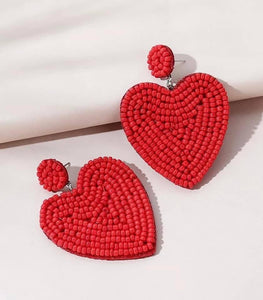 Red Seed Bead Heart Dangle Earrings