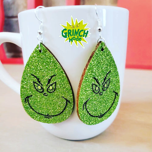 Green Glitter Grinch Wooden Earrings