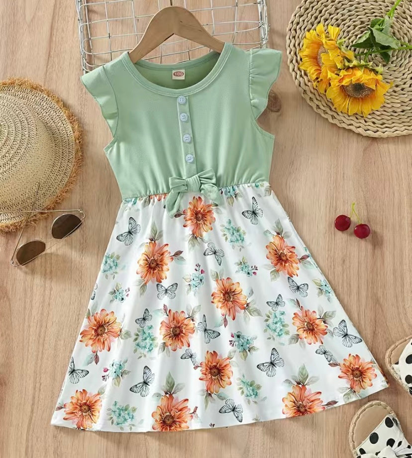 Sage Green Floral Flutter Sleeve Dress
