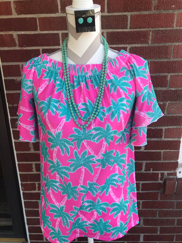 Pink & Green Palm Tree Print Top