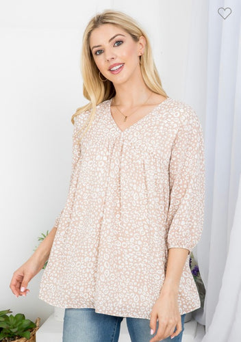 Taupe Leopard Print V Neck 3/4 Sleeve Chiffon Top