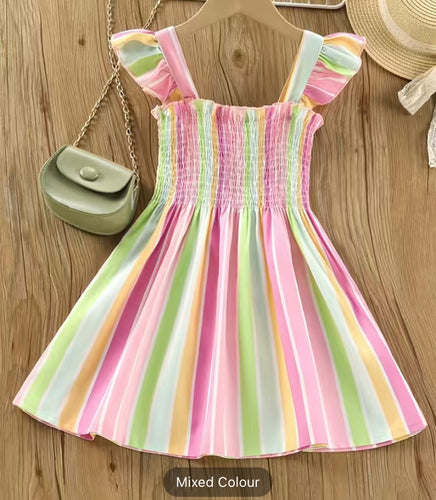 Pink Rainbow Striped Smocked Flutter Sleeve Dress