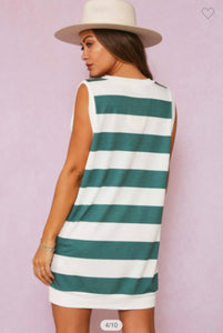 Green and White Striped V Neck Tunic Dress