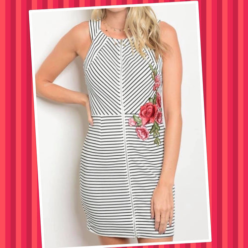 Black/White Striped Sleeveless Zip Up Dress