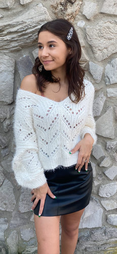 Cream Eyelash V Neck Sweater