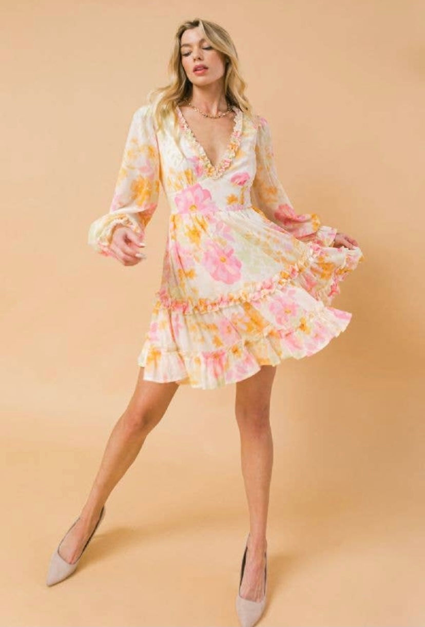 yellow and pink floral mini dress Womens Love & Roses Yellow Floral Button Down Puff Sleeve Mini Dress US 18