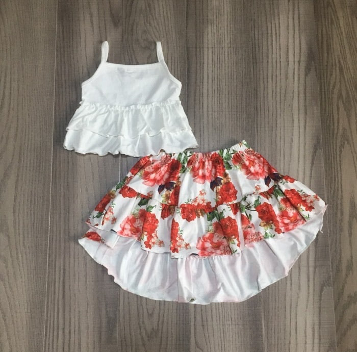 White Crop Top Girls Boutique 2pc Outfit with Matching Red Floral Skirt