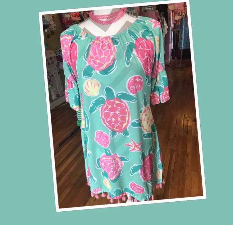 Mint Green Turtle Dress w/Tassel Hem