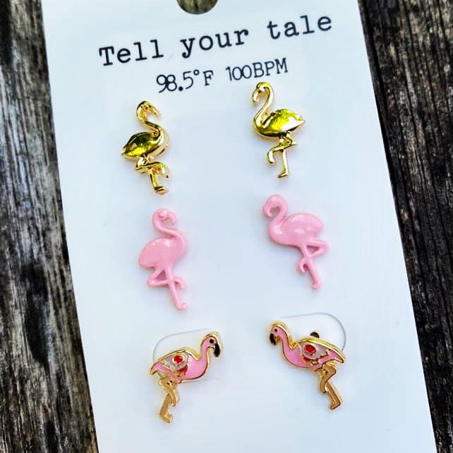 Pink and Goldtone Flamingos Set of 3 Earrings