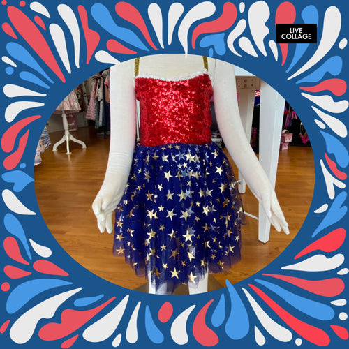 Red 4th of July Sequin Blue Tutu Dress w/Stars