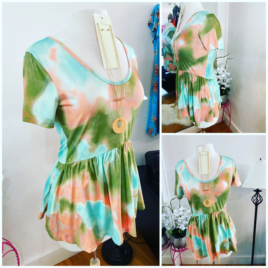 Mint/Green/Peach/Pink Watercolor Babydoll Top