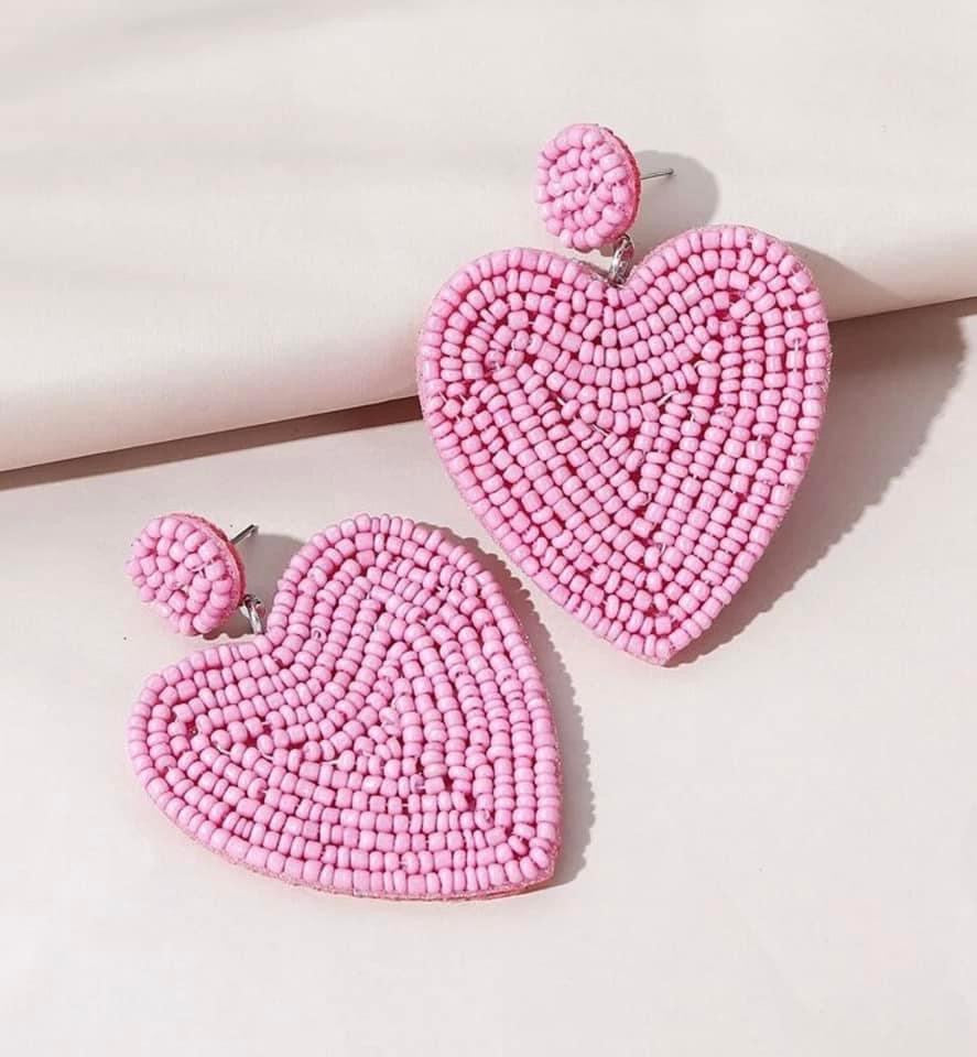 Pink Seed Bead Heart Dangle Earrings