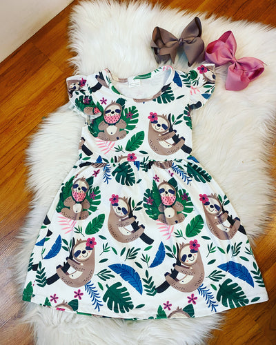 White Tropical Sloth Flutter Sleeve Dress