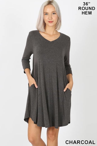 Charcoal Grey V Neck Dress with Pockets
