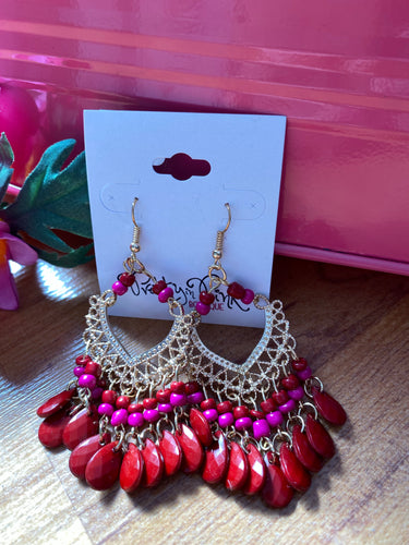 Hot Pink and Burgundy Filigree Boho Beaded Earrings
