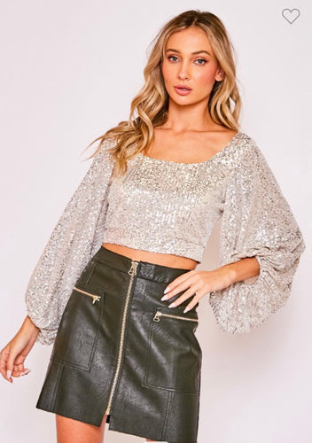 Taupe Sequin Crop Top w/Open Back and Bell Sleeves