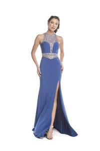 Royal Blue Halter Prom Pageant Dress with Rhinestones and Side Slit