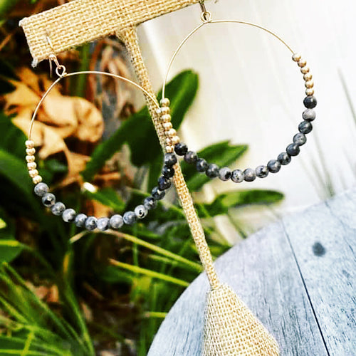 Charcoal Grey Beaded Hoop Earrings