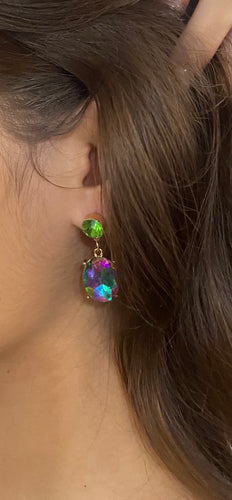 Green Multi Color Oval Dangle Rhinestone Earrings