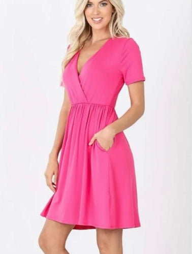Hot Pink Surplice Dress w/Pockets