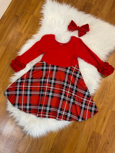 Red Plaid Twirl Dress with Ruffled Sleeves