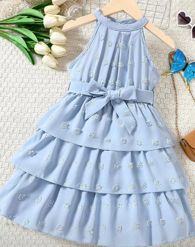 Light Blue Swiss Dot Tier Ruffle Halter Dress