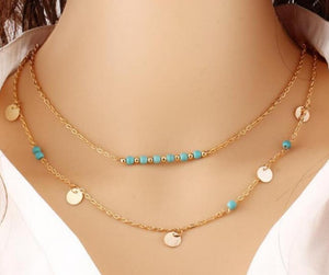 Turquoise Bead Double Strand Goldtone Charm Necklace