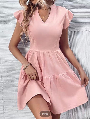 Pink V Neck Flutter Sleeve Tier Ruffle Dress