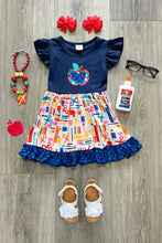 Navy "Back to School" Design Flutter Sleeve Dress with Apple Applique