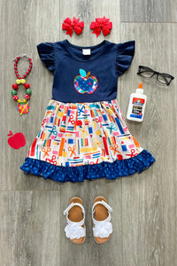 Navy "Back to School" Design Flutter Sleeve Dress with Apple Applique