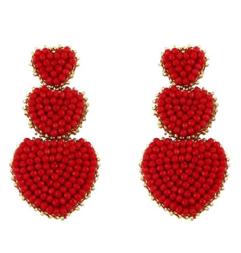 Red Facet Beaded Tier Dangle Heart Earrings