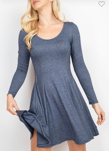 Denim Blue Skater Dress w/Long Sleeves and Scoop Back