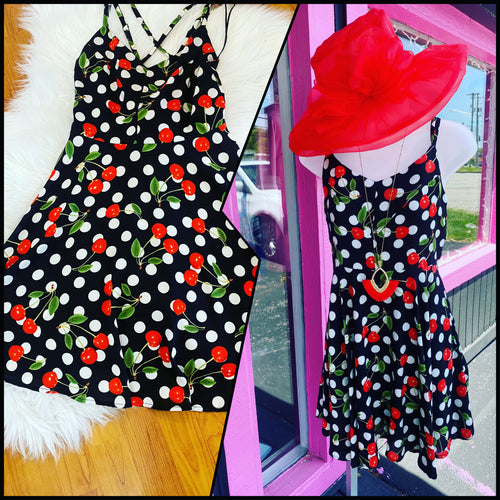 Black Polka Dot Dress w/Cherries and Criss Cross Back