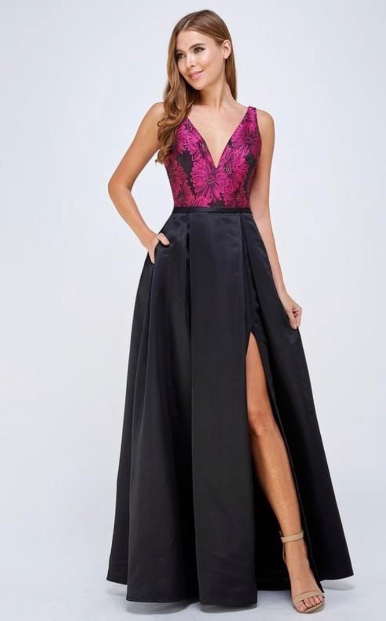Magenta Floral And Black Prom Dress w/Side Slit