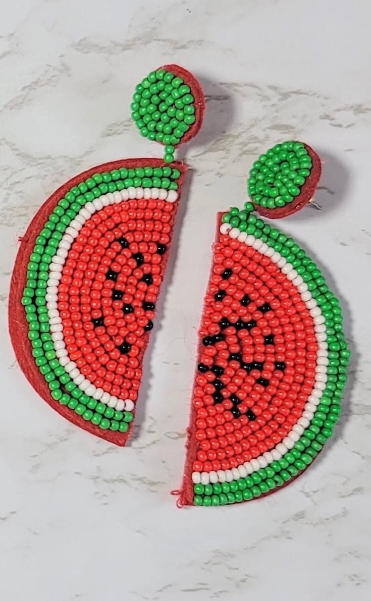 Red Watermelon Seed Beaded Earrings