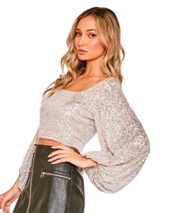 Taupe Sequin Crop Top w/Open Back and Bell Sleeves